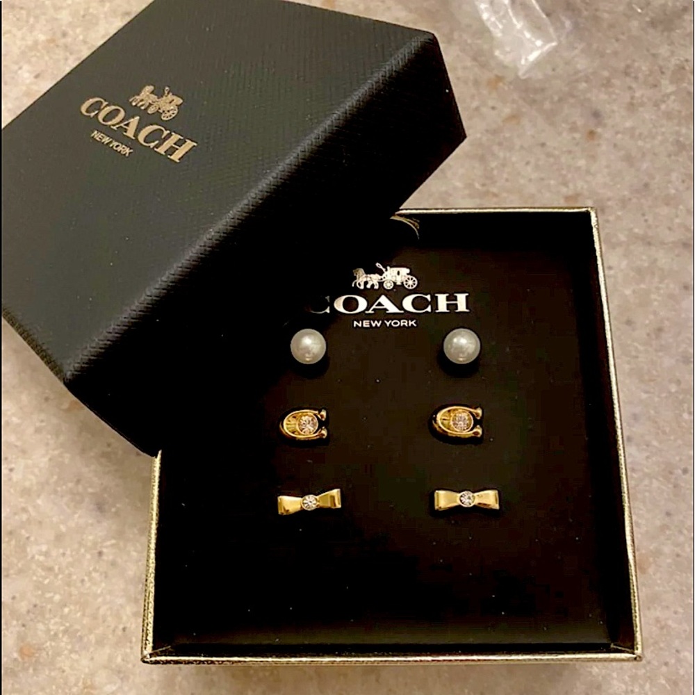 Coach Earring set of 3 Pearl studs, Coach studs and Bow Stud